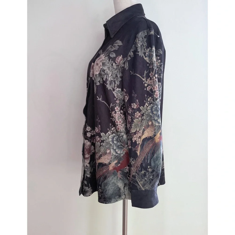 NWT Soft Surroundings Birds Peonies Floral Nola Suede Boyfriend Shirt Blouse PM